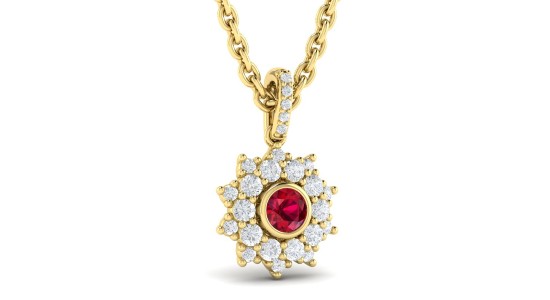 A yellow gold pendant necklace with a ruby center stone and a diamond halo in a star shape, available at Wilson & Son Jewelers.