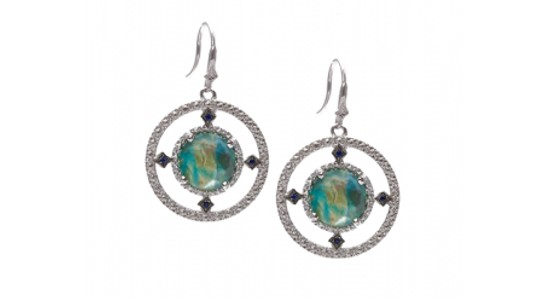 a pair of sterling silver earrings with blue and green mother of pearl, available at Wilson & Son Jewelers.