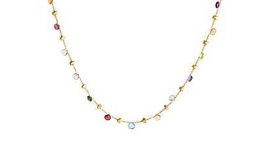 A yellow gold necklace featuring multicolored gemstones, available at Wilson & Son Jewelers.