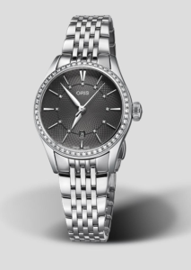 An Oris watch with a stainless steel strap, available at Wilson & Son Jewelers.