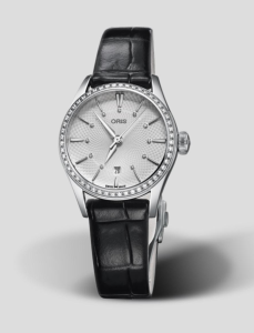 An Oris watch with a leather strap, available at Wilson & Son Jewelers.