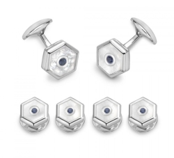 DEAKIN & FRANCIS LTD. Sterling Silver Hexagonal Dress Stud Set with Mother-of-Pearl & Sapphire